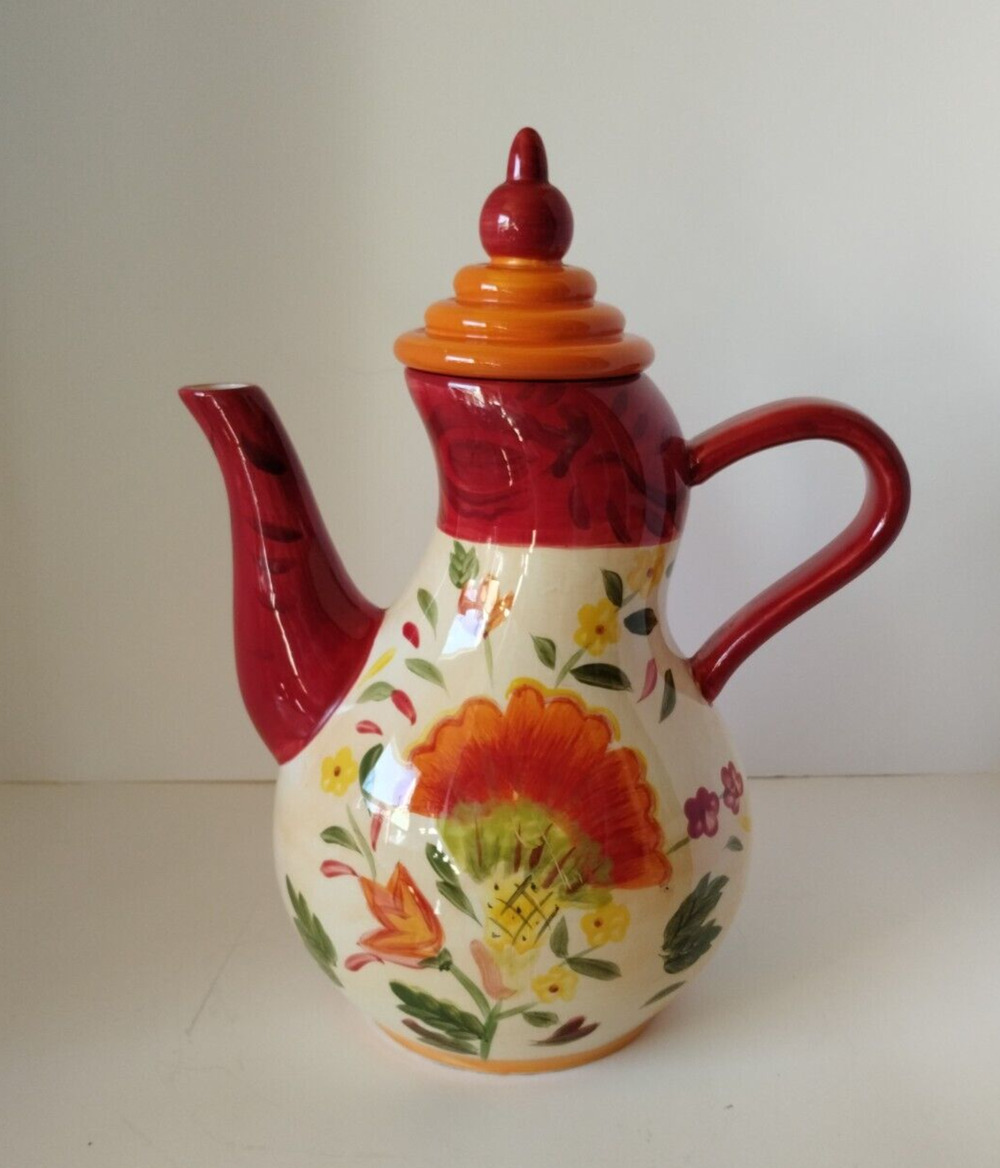 222 Fifth Folklorica Pitcher with Lid - Red Floral - Discontinued 12”